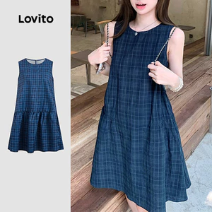ĐẦM LOVITO PHONG CÁCH THƯỜNG NGÀY LAI BÈO XẾP NẾP MÙA XUÂN HÈ MÀU XANH NAVY CHO NỮ L164LD121 FS Nửa Đêm BAU - Spike/Mini