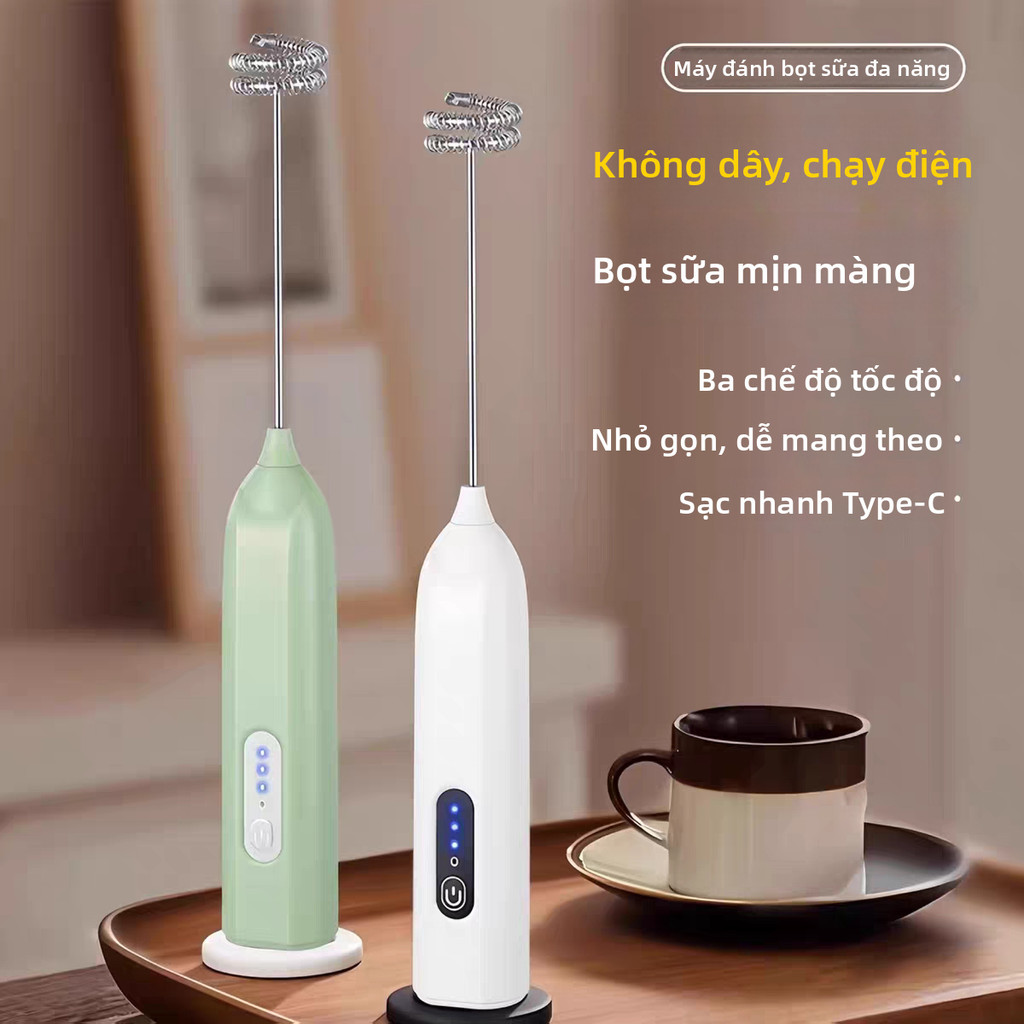 Máy đánh sữa cà phê sạc điện – 3 tốc độ, lò xo kép, cấp thực phẩm. Dùng cho cà phê, sữa, trứng, tiện lợi.