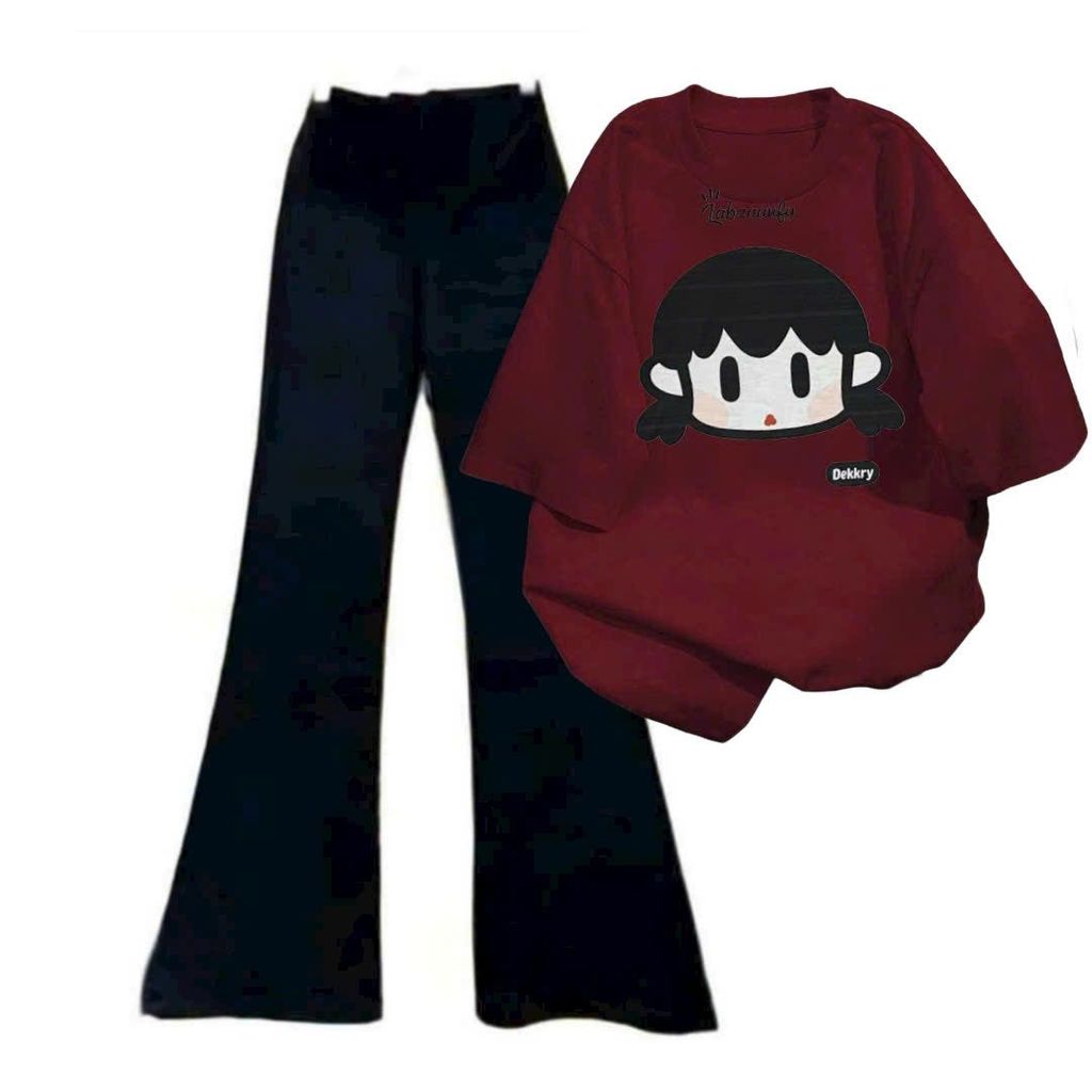 "Bộ quần ống loe dài và áo phông unisex XU KA mới, thời trang trendy cho nữ."