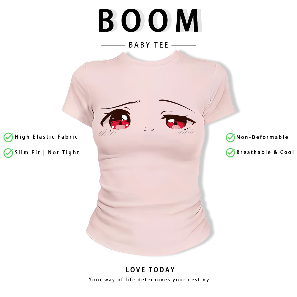BOOM Áo Baby Tee Nữ Cotton Ôm Body-Áo Thun Ngắn Tay Y2K In Hình PhongCách Mùa Hè, Cổ Tròn Hàng Đầucách hàn quốc phongK12