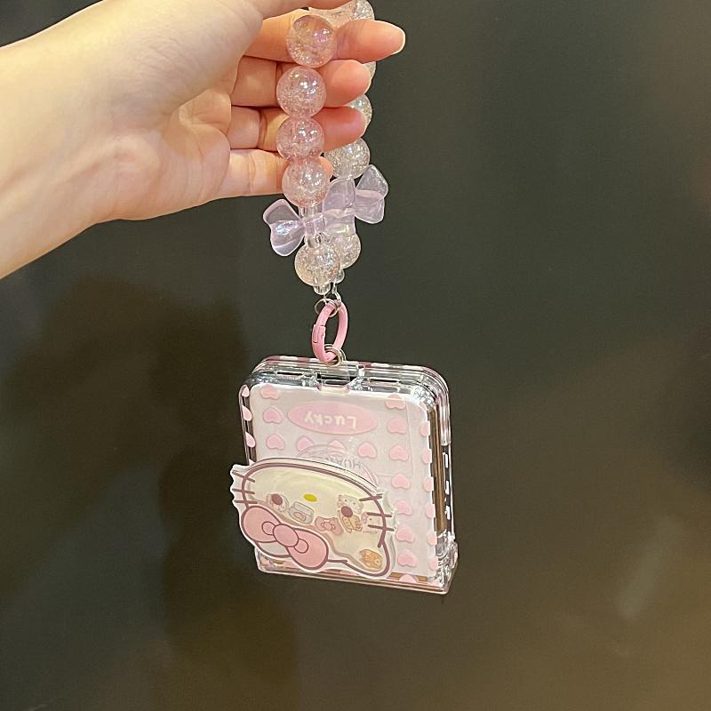 Samsung Galaxy ZFlip7 ZFlip6 Cô gái hoạt hình dễ thương “Love Love ” Shaker KT Cat Stand Chain Phone Case Tương thích với vỏ bảo vệ vỏ cứng có thể gập lại cho ZFlip 7 6 5 4 3 5G