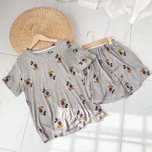 40-80kg Hoạt Hình Mùa Hè Bộ Đồ Ngủ Nữ Modal Xám Chuột Mickey Tay Ngắn Quần Short Mỏng Nhà Đồ Ngủ Bộ