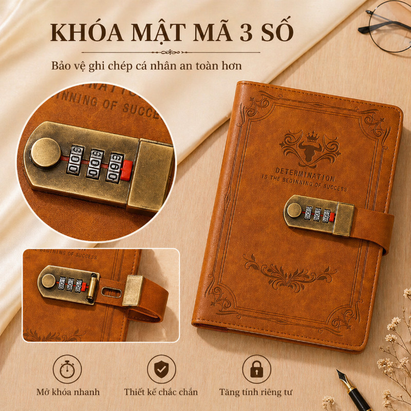 Sổ Tay Có Khóa Mật Khẩu A5 – Bìa Da PU, 200 Trang, Thiết Kế Retro, Quà Tặng Độc Đáo Để Ghi Chép & Lưu Giữ Kỷ Niệm
