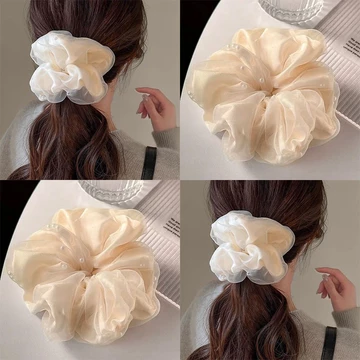 Nhẹ Nhàng Lớn Trắng Đen Lưới Ngọc Trai Scrunchie Tóc Dây Buộc Tóc Scrunchies Phụ Kiện Tóc