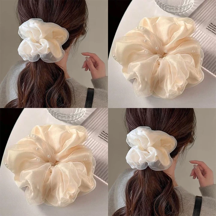 Nhẹ Nhàng Lớn Trắng Đen Lưới Ngọc Trai Scrunchie Tóc Dây Buộc Tóc Scrunchies Phụ Kiện Tóc