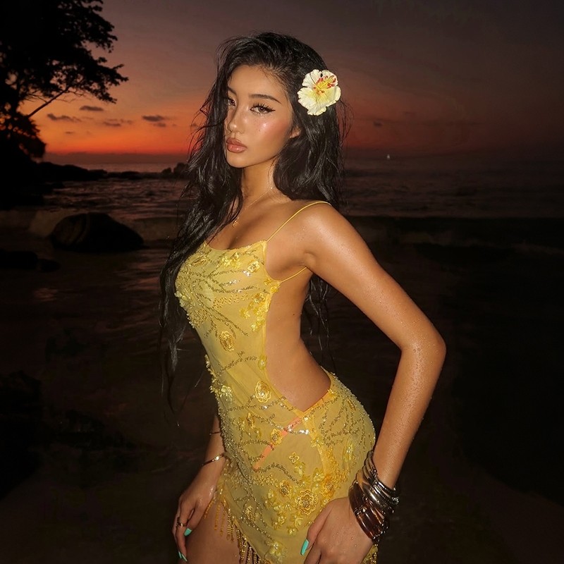 Cutenew Kim Sa Lấp Lánh Đầm Mini Gợi Cảm Lưng Bodycon Lãng Mạn Nữ Bầu Không Khí Mùa Hè Hawaii Kỳ Nghỉ Mặc