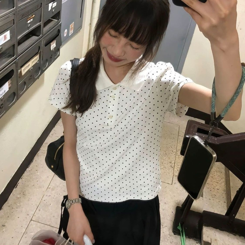 áo polo nữ babytee Áo polo chấm bi phong cách Hàn Quốc Phong cách trường học phù hợp