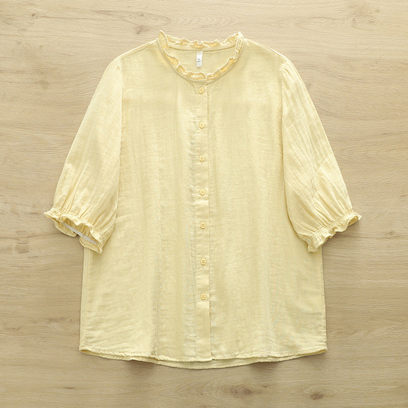 Áo sơ mi nữ cotton cao cấp cổ đứng ren tay ngắn màu trơn