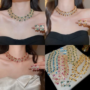 Nhiều Màu Hình Bầu Dục Nhựa Đá & Kim Cương Giả Tuyên Bố Vòng Cổ Vòng Cổ Retro Đảng Trang Sức Cho Nữ