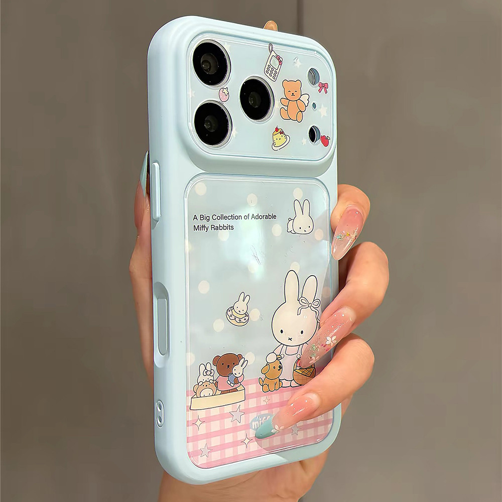 Ốp điện thoại Grid Rabbit + Chain Windows Acrylic cho iPhone 17 Pro Max 16 15 14 Vỏ bảo vệ chống sốc