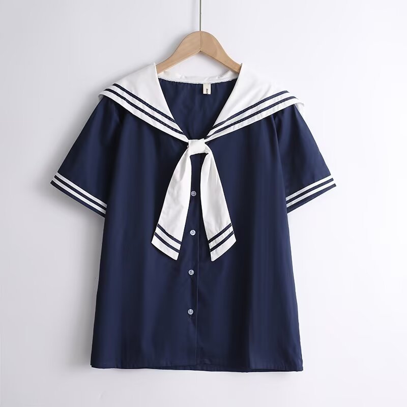 Áo sơ mi nữ Cotton Hàn Quốc, Dây buộc hải quân, Tay ngắn dáng rộng cho học sinh