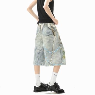 Quần short denim nam GKSSS, phong cách hip-hop Mỹ, chất lượng đường phố cao cấp, phong cách trung tính