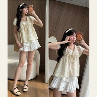 Áo Babydoll Viền Bèo Cộc Tay Hoa Nhí Nơ Ngực Phối Ren Boi Trắng Thời Trang Nữ