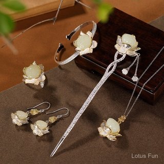Bộ trang sức kẹp tóc hoa sen mạ vàng Hetian Jade S925 Sterling Silver