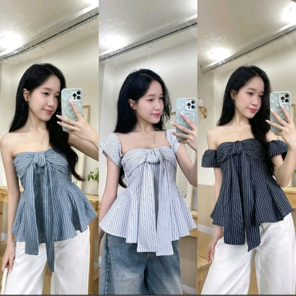 (tay áo ko có nút gài)Áo kẻ thắt dây ngực chít eo tay bo bí phồng. - SamHi Closet