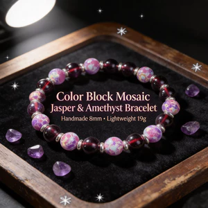 Vòng tay thạch anh tím Jasper khảm thủ công - Khối màu tím Đỏ 8mm Hạt bạc Miếng đệm đàn hồi - Nhẹ 19g 18cm Comfort Fit - Quà tặng đa năng tối giản sang trọng