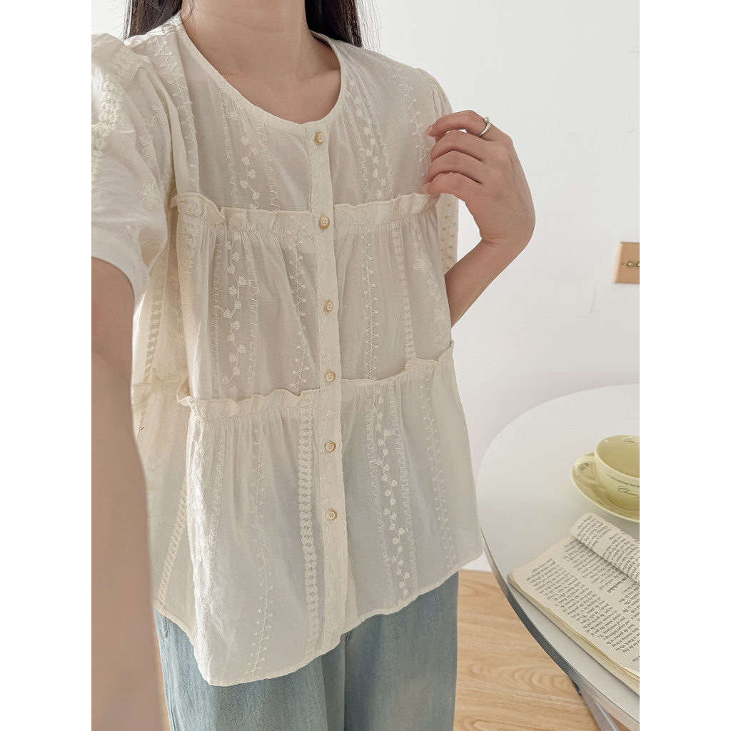 [Sẵn Sàng] Áo Sơ Mi Nữ 100% Sợi Cotton Cao Cấp 2026 Mùa Hè Mới Thêu Jacquard Màu Trơn Áo Sơ Mi Tay Ngắn Rời