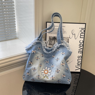 Túi tote thêu hoa hạng nặng độc đáo bằng vải denim đã giặt