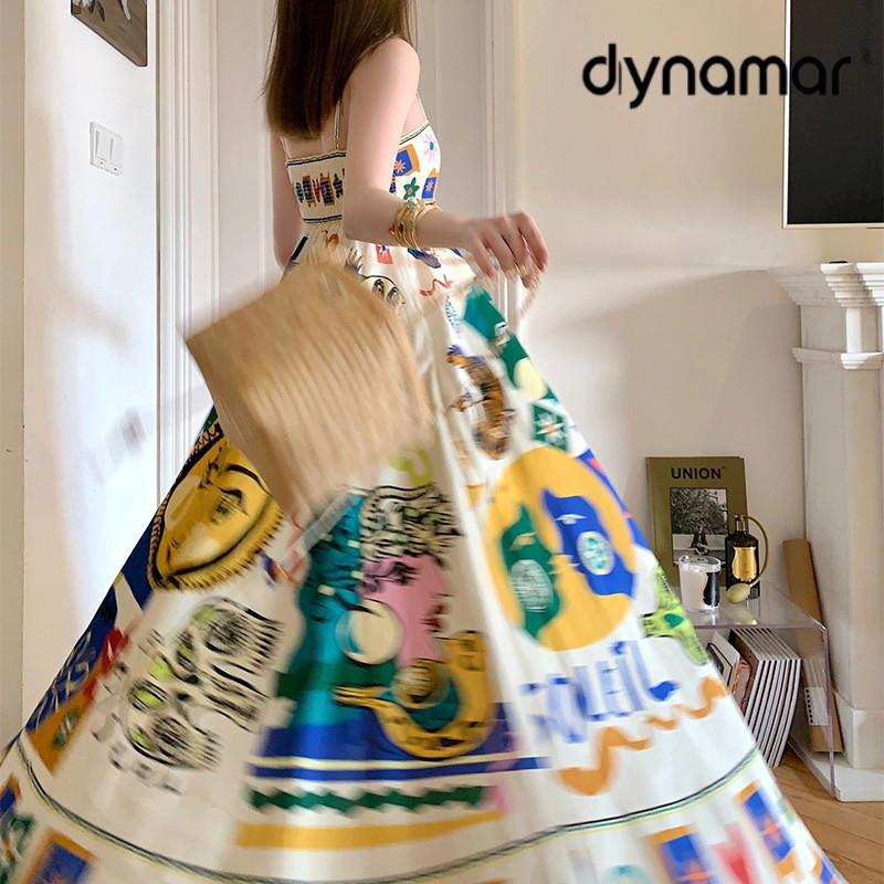【dynamar】Váy liền thân Đầm in họa tiết graffiti gợi cảm dành cho nữ, đầm yếm không tay, đầm xòe rộng