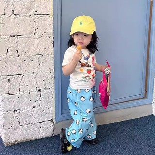 Bộ hai mảnh in hình hoạt hình mùa hè cho bé gái Áo thun ngắn tay in hình động vật màu trắng + Bộ quần chống muỗi màu xanh