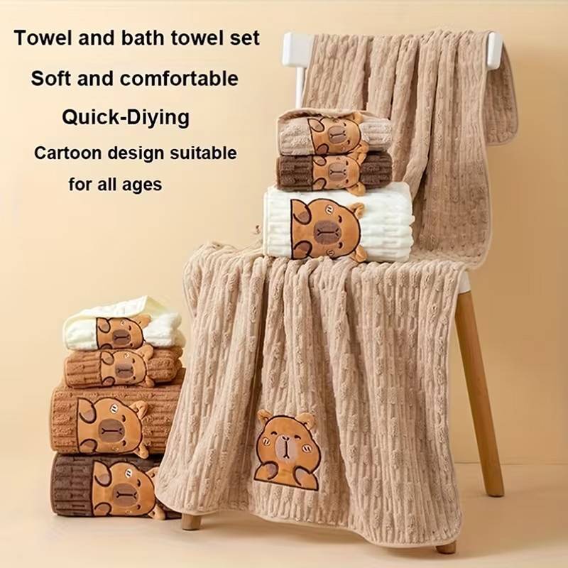 Alittlesetrtu 2-Pa Bộ khăn tắm mặt Capybara dễ thương, lông cừu san hô siêu mềm, khăn 34x74 inch và khăn tắm 70x140 inch, siêu thấm và sấy khô VN