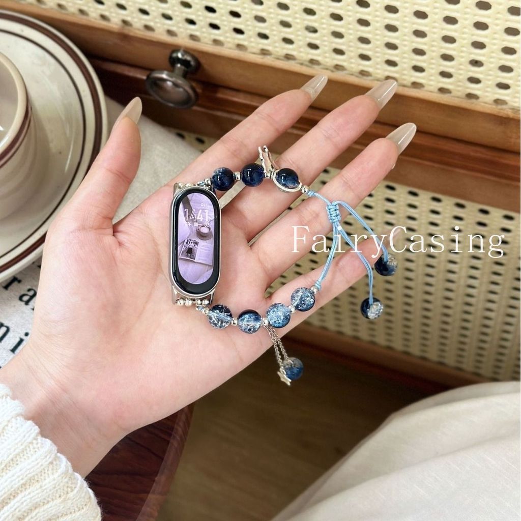 Dây đeo hạt pha lê màu xanh mới Thích hợp cho Xiaomi Band 10 9 8 Nfc 3 4 5 6 7 cho Redmi Watch 6 5 4 Dây đeo dệt