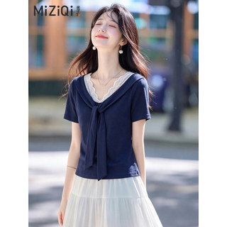 【MiZiQi】Áo thun ngắn tay cổ chữ V phối ren cho nữ, áo choàng ngắn tay mùa hè