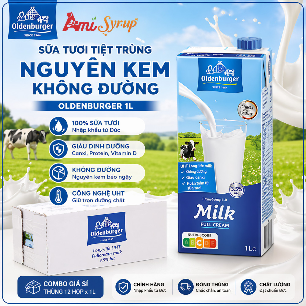 [COMBO GIÁ SỈ] Sữa Tươi Tiệt Trùng Nguyên Kem Không Đường Oldenburger 1L Thơm Ngon Béo Ngậy
