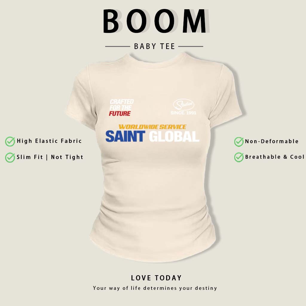 BOOM Áo Baby Tee Nữ Cotton Ôm Body-Áo Thun Ngắn Tay Y2K In Hình PhongCách Mùa Hè, Cổ Tròn Hàng Đầucách hàn quốc phongE36