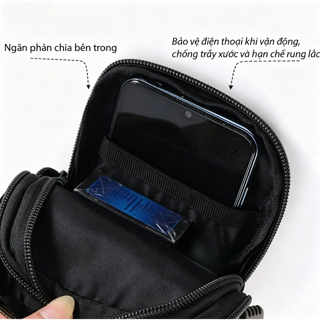 【COD】Túi đeo hông nam màu đen 3 ngăn kiểu dọc, chất liệu canvas, chống thấm nhẹ, đựng tiền điện thoại chìa khóa gọn gàng