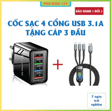 Củ sạc đa năng 4 cổng USB 3.1A “Tặng cáp sạc 3 đầu” Củ sạc điện thoại 4 cổng, Cốc sạc nhanh 4 USB, Củ sạc nhanh 4 cổng