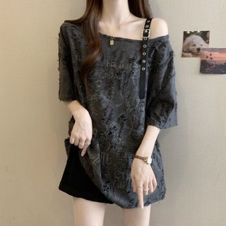 Size Lớn Rách Một Vai Ngắn Tay Áo Thun Nữ Mùa Hè 2026 Béo mm Rời Mỏng Hơn Nhìn Bao Mỡ Off-the @