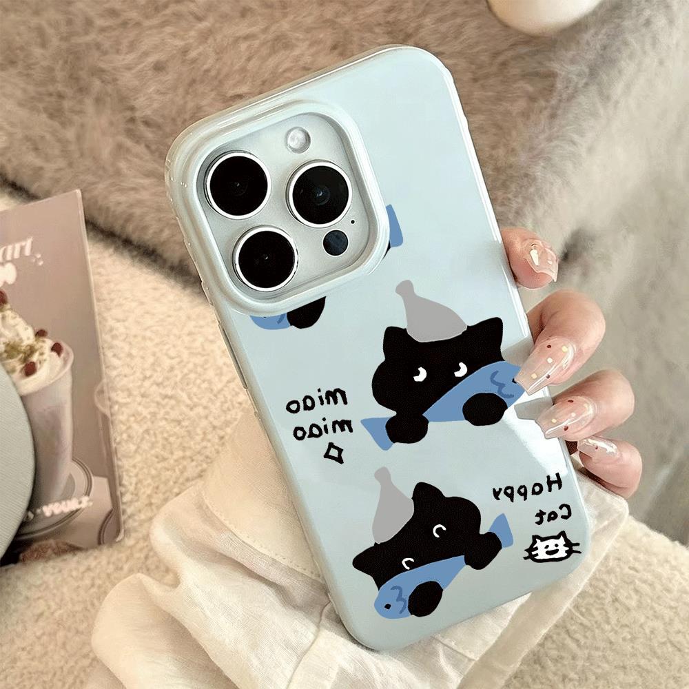 Mèo đen ăn cá cho trường hợp iPhone 17pro iPhone 16/15/14/13 kết cấu giả da