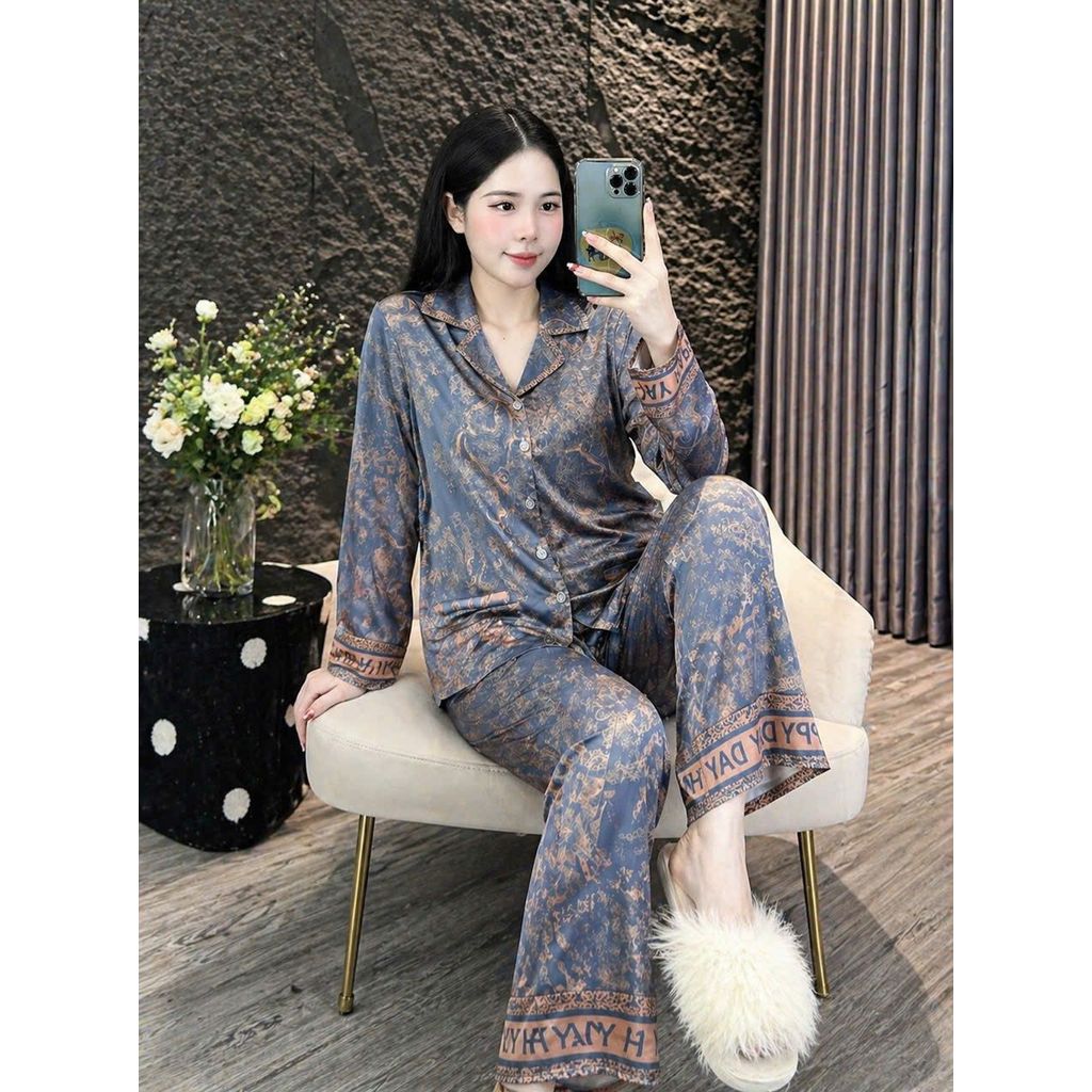 SSLL BBộ đồ ngủ lụa satin nữ cao cấp họa tiết sang trọng – Pijama dài tay mềm mịn, mặc nhà thanh lịch.