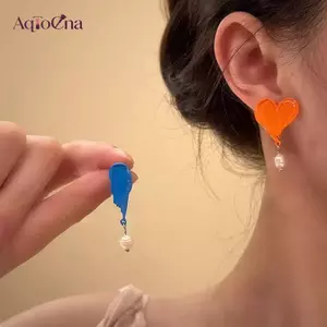 AqToCna Pháp Retro Tranh Sơn Dầu Nhiều Màu Sắc Bất Đối Xứng Ngọc Trai Thả Bông Tai Nữ Cô Gái Thời Trang Độc Đáo Lãng Mạn Món Quà Trang Sức AqToCna