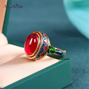 AqToCna Vàng Cổ Tay Nghề Thủ Công Tự Nhiên Carnelian Nhẫn Nữ Hoa Men Phong Cách Quốc Gia Ánh Sáng Sang Trọng Cưới Trang Sức Quà Tặng AqToCna