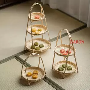 Đế trưng bày đồ ăn nhẹ DARON, Giỏ dệt tre tròn thủ công, Giá đỡ tầng Giỏ dệt thanh lịch 1 / 2 / 3 tầng Giỏ đựng bánh ngọt