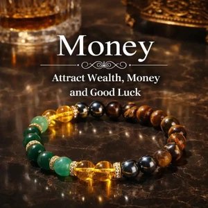 Vòng tay Citrine Wealth - Hạt đá tự nhiên nhiều màu - Miếng đệm kim cương giả - Điểm nhấn mắt hổ & ngọc bích - Thu hút tiền Chúc may mắn - Unisex