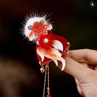 Kẹp Tóc Cá Vàng Thêu Màu Đỏ Có Chuông Và Tua Rua Cho Bé Gái Tết Nguyên Đán Lễ Hội Trang Phục Truyền Thống Phụ Kiện