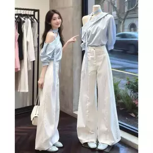 Quần áo nữ cỡ lớn Phong cách Hàn Quốc Mặc trọn bộ Thiết kế đi lại Cảm giác xiên Vai Áo sơ mi màu xanh Quần ống rộng Bộ hai mảnh