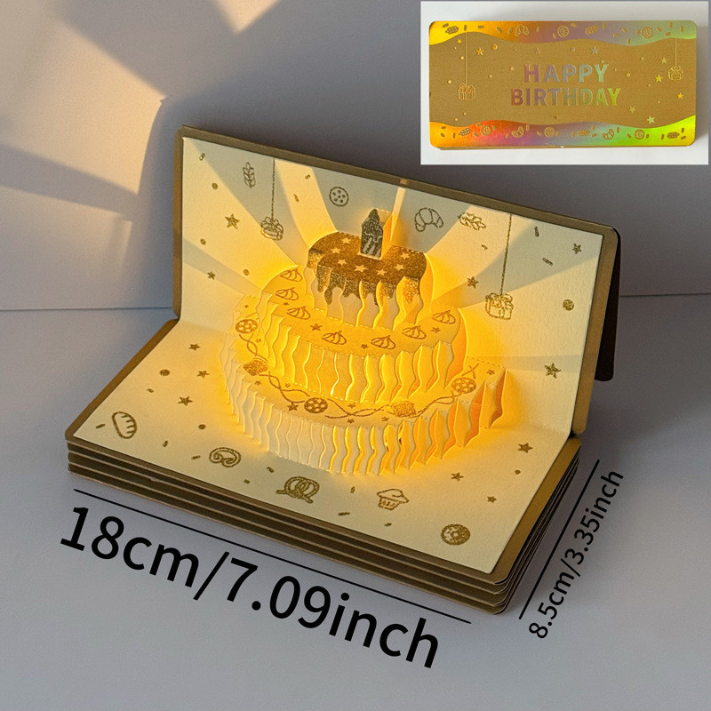 Thiệp Sinh Nhật 3D âm Nhạc ánh Sáng – Thiết Kế Bánh Kem, Khắc Giấy Sáng Tạo, Kèm Bao Lì Xì, Quà Sinh Nhật Trẻ Em
