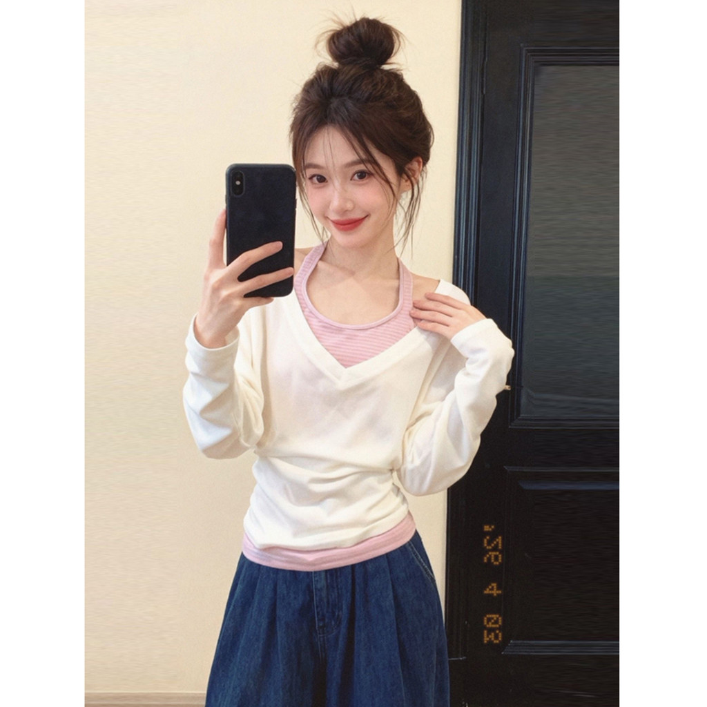[170g Bông Tuyết 65 Cotton 35 Polyester] Áo Vest Sọc Cổ Màu Hồng Dây Dài Tay Áo Thun Nữ Mùa Hè Top Hai Mảnh Phù Hợp Với