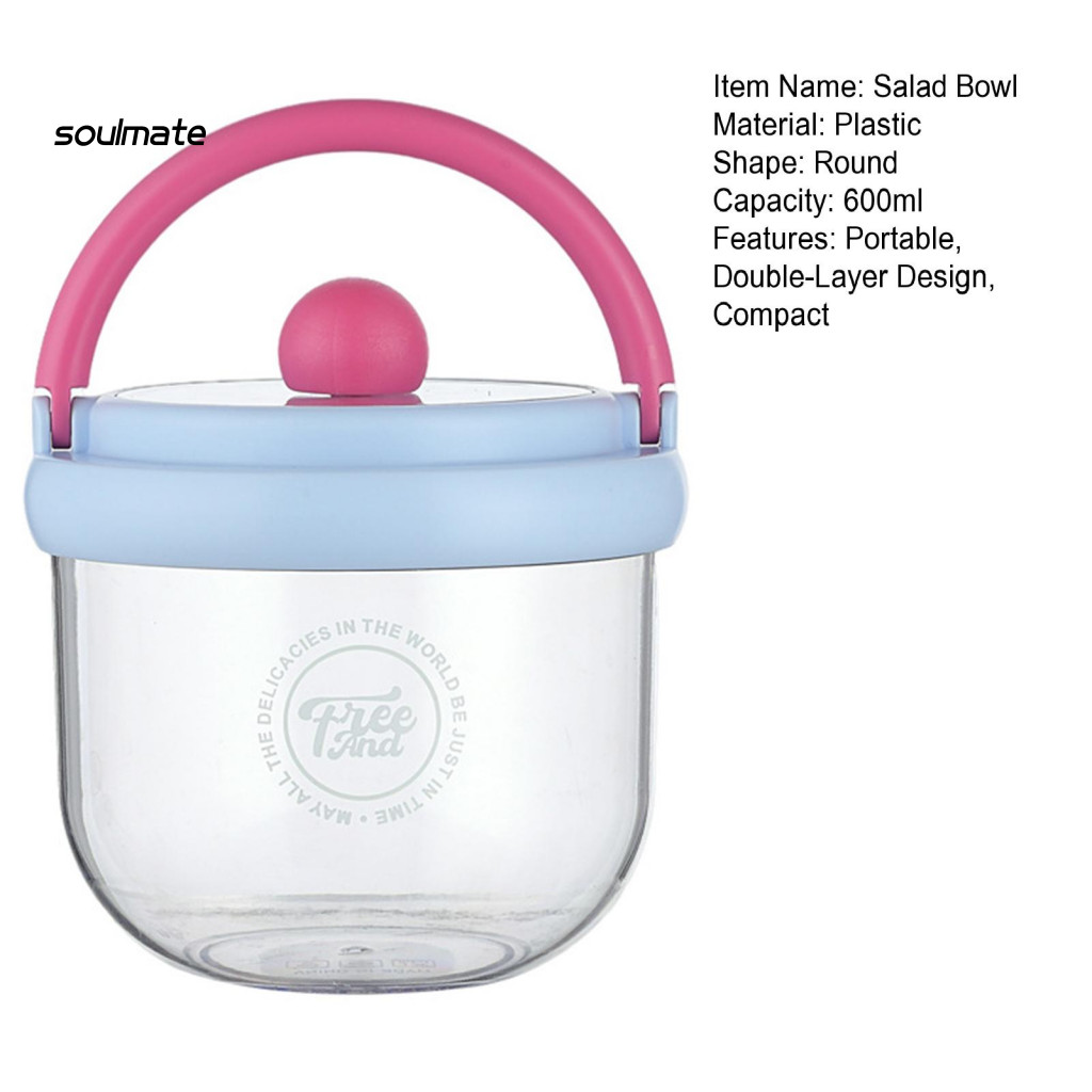 Linh hồn| Hộp đựng salad Bát salad hai lớp di động 600ml có nắp nĩa tích hợp – Hộp đựng đồ ăn bằng nhựa chống rò rỉ cho yến mạch qua đêm Đồ ăn nhẹ trái cây – Lý tưởng cho phòng tập thể dục