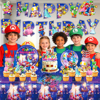 ST2 Super Mario Galaxy Phim Đảng Trang Trí Bóng Bay Khăn Trải Bàn Biểu Ngữ Bộ Đồ Ăn Đĩa Khăn Ăn TS2