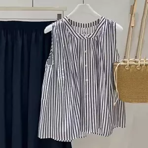 Áo sơ mi không tay cổ tròn sọc cổ điển mùa hè