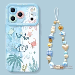 Ốp điện thoại hình động vật biển màu xanh dễ thương + Dây buộc cho iPhone 17 16 15 14 13 12 11 Pro Max X Xr Xs Max 7 8 Plus SE2020
