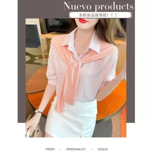 Khăn choàng giả hai mảnh phong cách mới Thiết kế năm dành cho nữ Niche Tính khí Áo sơ mi voan sọc nửa tay mùa hè