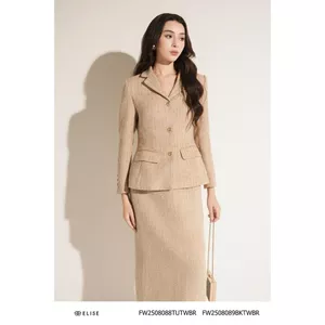 Chân váy dạ tweed nâu sáng xẻ sau thiết kế Elise FW2508089BKTWBR
