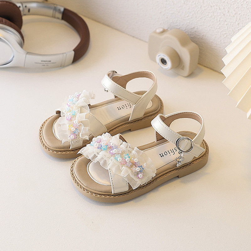 Giày Sandal Bé Gái Công Chúa Voan Xoè Đính Ngọc Sắc Đế Mềm Êm Chống Trượt Đi Tiệc Đi Chơi Mùa Hè