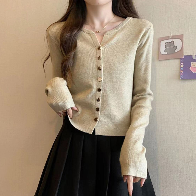 【dynamar】Áo khoác cardigan dệt kim kiểu dáng thanh lịch, cài khuy đơn, chất liệu kim loại, dành cho nữ, màu trơn.